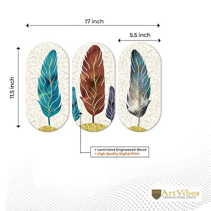 Artvibes Feather Wooden Wall Hanging Decoration Items for Home | Set of 3