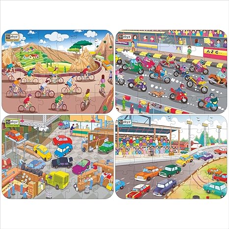 ABYZ Wooden Jigsaw Puzzles for Kids Cycle Racing Bike Racing Car Garage Car Set of 4-120 Pcs