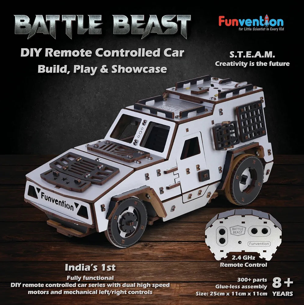 Funvention Battle Beast DIY RC Car - DIY 2.4GHz Remote Control Car Model for Kids - Build High-Speed Racing Car Type-C Charging Dual Motor Car STEM Kit Made in India