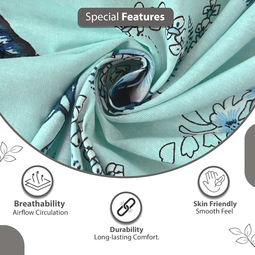 Divine Casa Bedsheet for Single Size Bed 144 TC Cotton Bedsheet for Single Size Bed with 1 Pillow Cover  Floral Colour Frost Blue