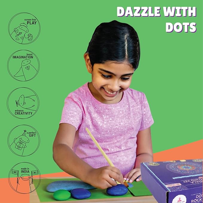 Kalakaram Diy Dot Mandala Art Rock Painting Kit | Create a Mandala Design on Rocks With 3 Large Re-useable River Rocks | Activity Kit for Kids
