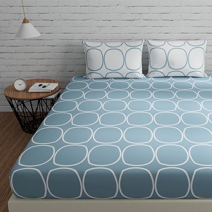 Huesland by Ahmedabad Cotton 144 Tc Cotton Bedsheet for Double Bed King Size with 2 Pillow Covers | Blue & White