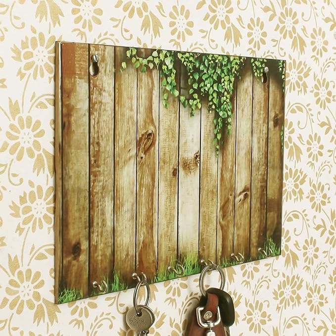 Ecraftindia Abstract Theme Wooden Key Holder With 6 Hooks | Colour Brown