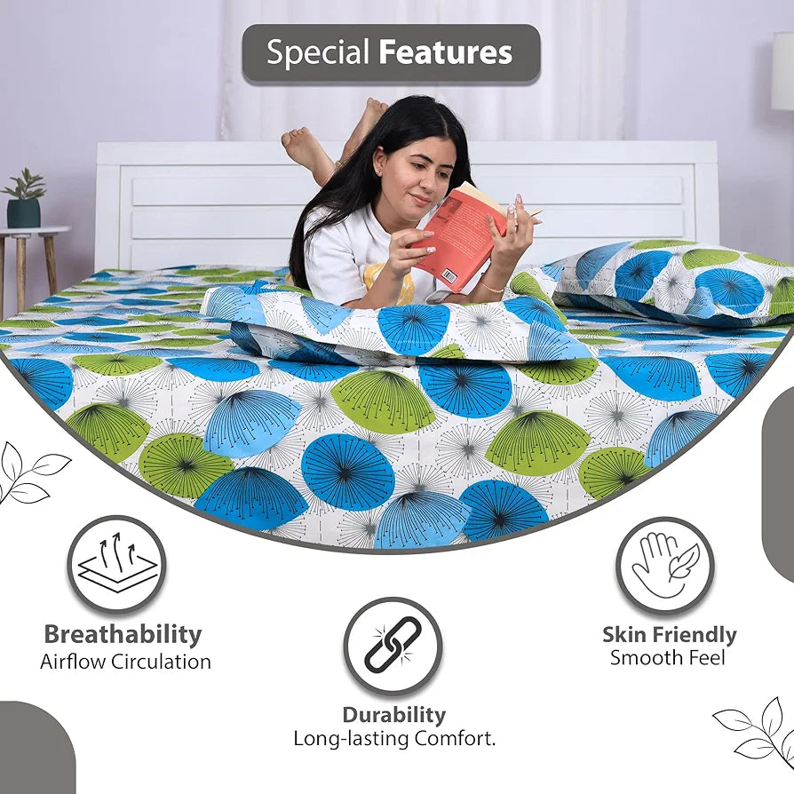 Divine Casa 144 TC 100% Cotton Bedsheet for Single Bed with 1 Pillow Cover Colour Aqua