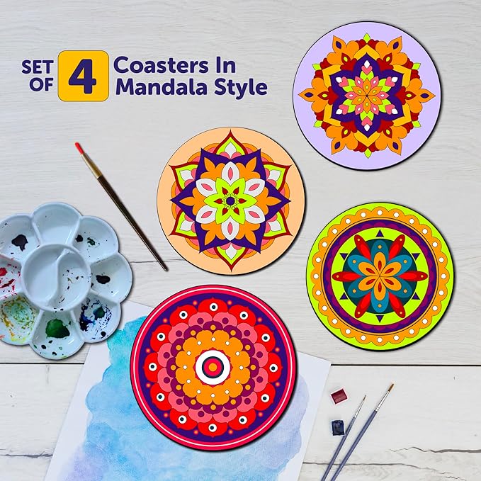 Mini Leaves Wooden Mandala Painting Kit Tea Coaster Art and Craft Kit With Wooden Stand- Advance Level | Set of 4