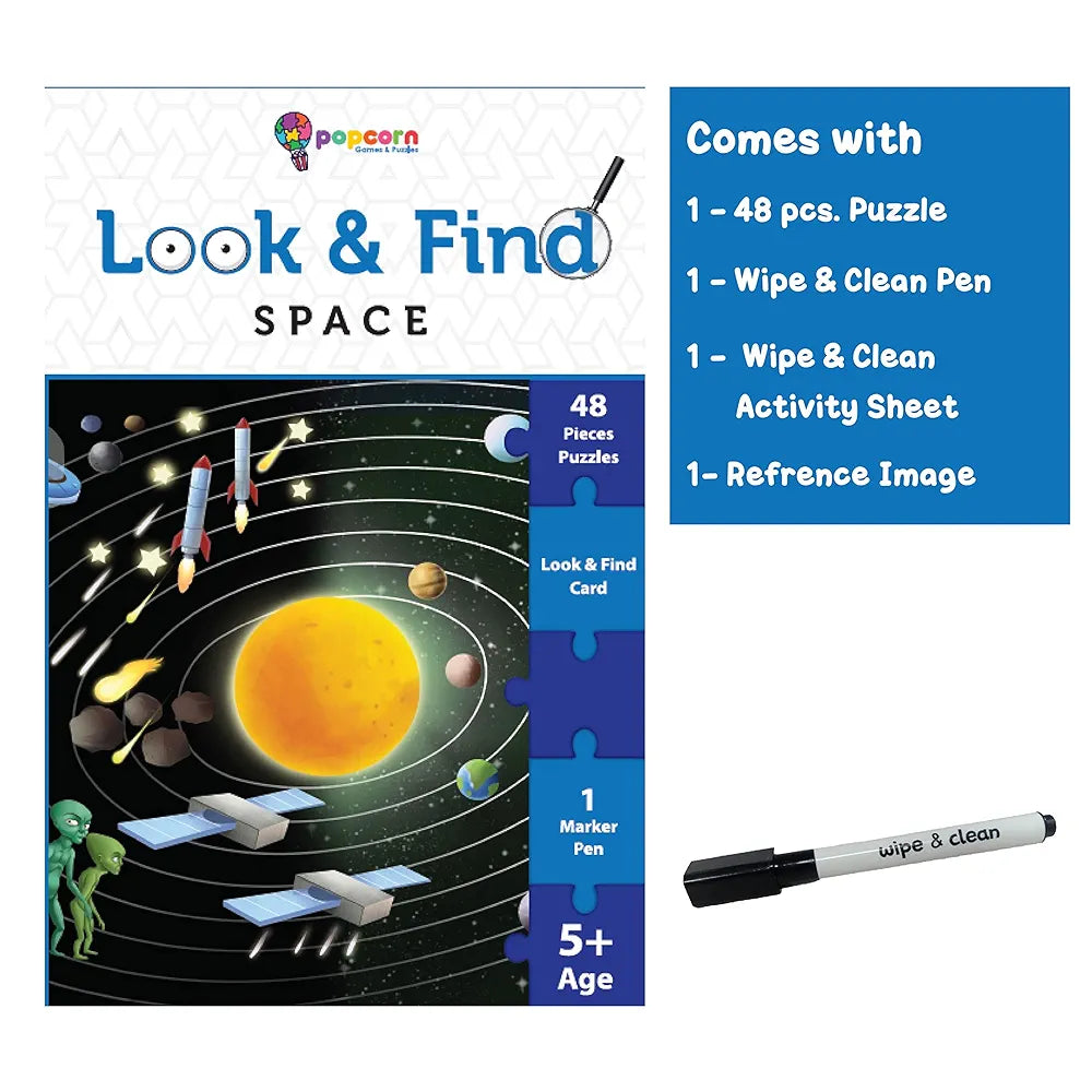 Popcorn Games & Puzzles Look and Find Space 48 Piece Puzzle with 1 Marker for 5 to 8 Years Old Children|Embark On an Interplanetary Puzzle Adventure