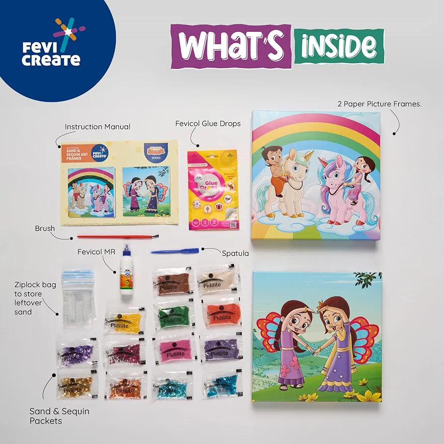 Fevicreate Chhota Bheem Chhutki Sand Sequin Kit | All-in-one Paper Frame Kit | Make 2 picture frames | Birthday Gift | Screen-Free Learning | by Fevicol | Best Gift for Boys & Girls 5+ years