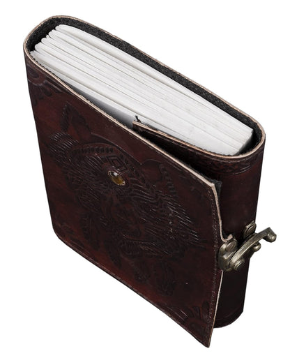 CraftShades- Handmade Leather Diary Embossed with star, journey & double wolf Diary with Antique Lock for Artist Sketchbook, Scrapbook, Drawing, Writing etc .Size 5 * 7 inch (WOLF WITH STONE)