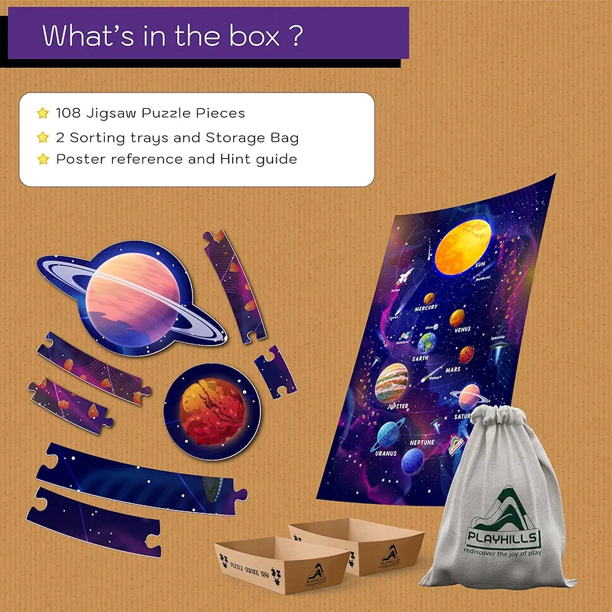 Playhills Kids Solar System Puzzle 108 pcs with Planet-Shaped-Pieces Mega Jigsaw Floor Puzzle 45 x 30 CM for Children | Early Learning Gift for Boys, Girls Age 6+ Years