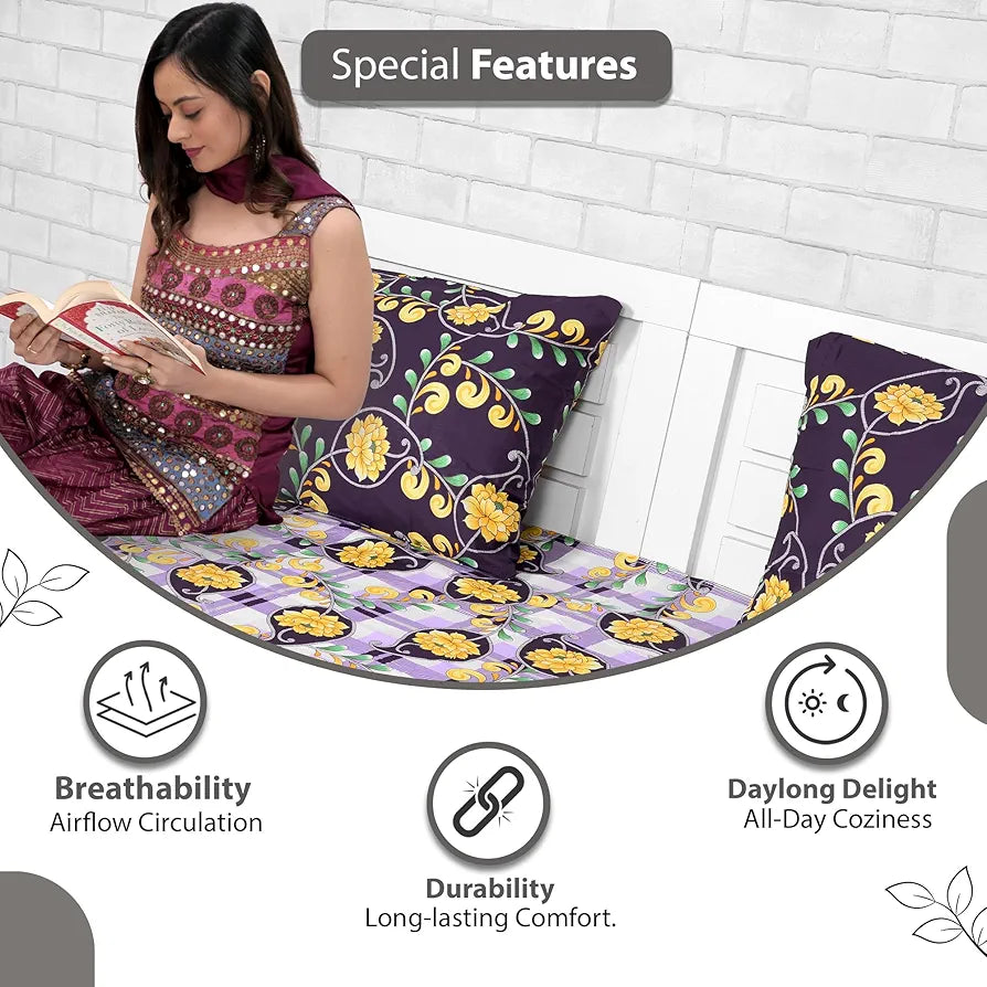 Divine Casa 144 TC 100% Cotton Bedsheet for Single Bed Floral Print with 1 Pillow Cover Colour Royal Lilac
