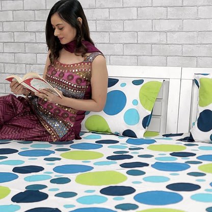 Divine Casa 144 TC 100% Cotton Single Bedsheet with 1 Pillow Cover Geometric Pattern Colour Blue Lagoon