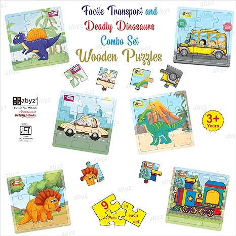 ABYZ Wooden Dinosaur and Transport (Dinosaur+Bus+Train+Car) for Kids & Children Paperless Puzzle Set of 6