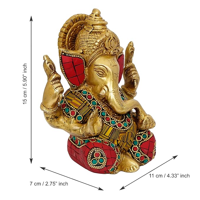 Ecraftindia Handcrafted Golden Brass Chaturbhuj Lord Ganesha Idol With Colorful Stone Work