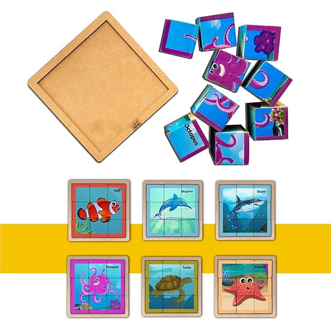 Mini Leaves 6 in 1 Ocean Animal Wooden Cube Blocks Puzzle 6 Sides With 6 Animal With Storage Tray Kids 3+ Years
