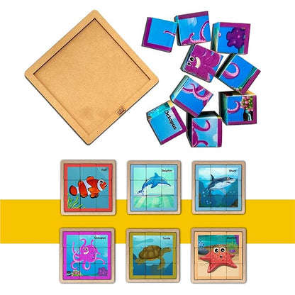 Mini Leaves 6 in 1 Ocean Animal Wooden Cube Blocks Puzzle 6 Sides With 6 Animal With Storage Tray Kids 3+ Years