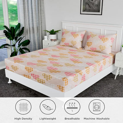 Kuber Industries Double Bedsheet Premium Cotton with 2 Pillow Covers Heart-Design Bedsheet Pink