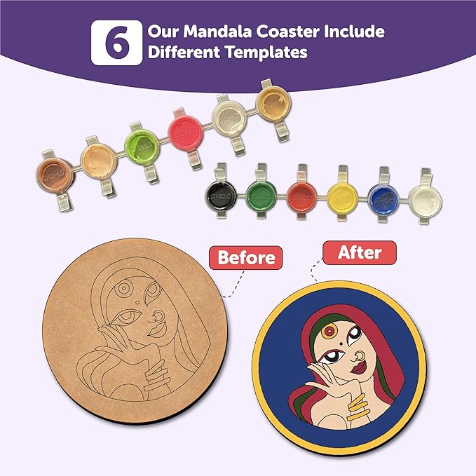 Mini Leaves Paint Your Own Mandala Art Coasters, Pack of 6 Coasters Diy Painting Craft Kit for Kids and Adults | Brown