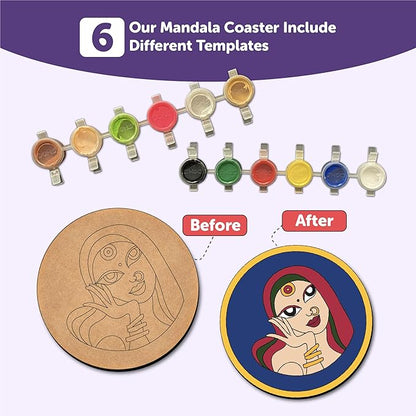 Mini Leaves Paint Your Own Mandala Art Coasters, Pack of 6 Coasters Diy Painting Craft Kit for Kids and Adults | Brown