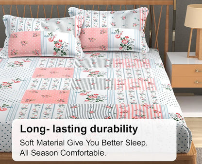 Fresh From Loom Floral Print King Size Fitted Bedsheet Set Microfiber 240 TC 2 Pillow Covers Pink White