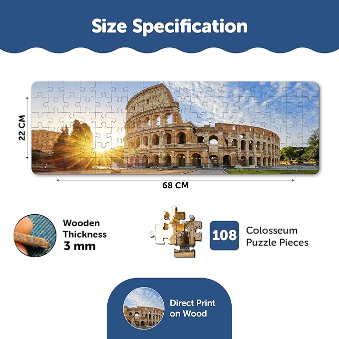 Mini Leaves Panorama View Wooden Puzzle for Adults, Colosseum Rome Italy, 108 Pieces | Multicolor | Family Entertainment Game