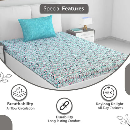 Divine Casa 144 TC 100% Pure Cotton Single Bedsheet with 1 Pillow Cover Floral Leaf Pattern Colour Soft Pink Blue