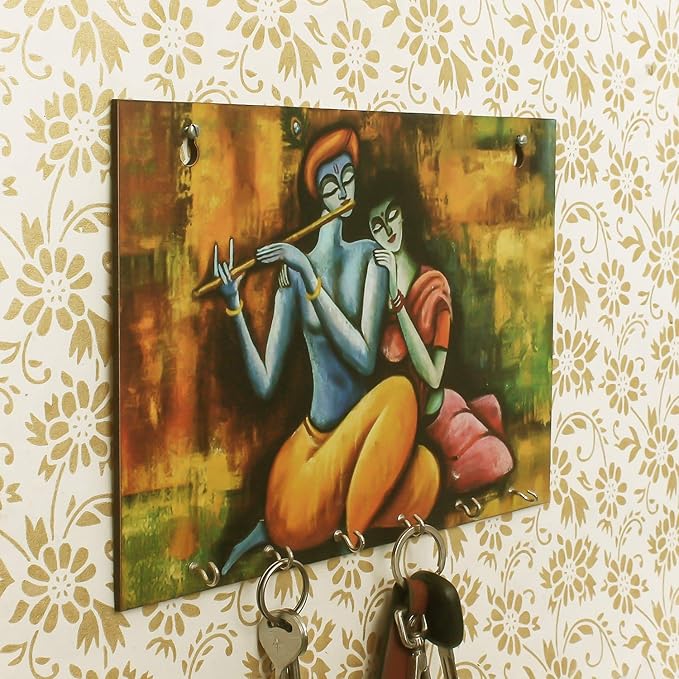 Ecraftindia Radhe Krishna Theme Wooden Key Holder With 6 Hooks