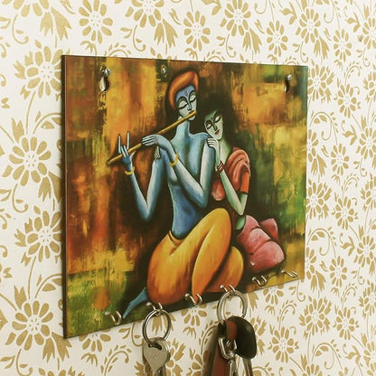 Ecraftindia Radhe Krishna Theme Wooden Key Holder With 6 Hooks