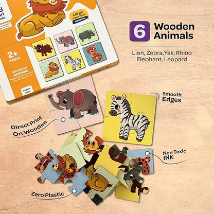 Mini Leaves 4 Piece Wooden Puzzle for Kids | Set of 6 Wild Animals Jigsaw Puzzle | Educational Puzzle Game With Wooden Box