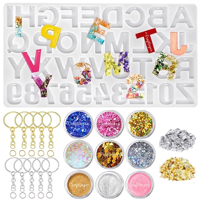 Craftinger Diy Alphabet Keychain Making Mould Kit Set With Glitter Colors, Mica and More