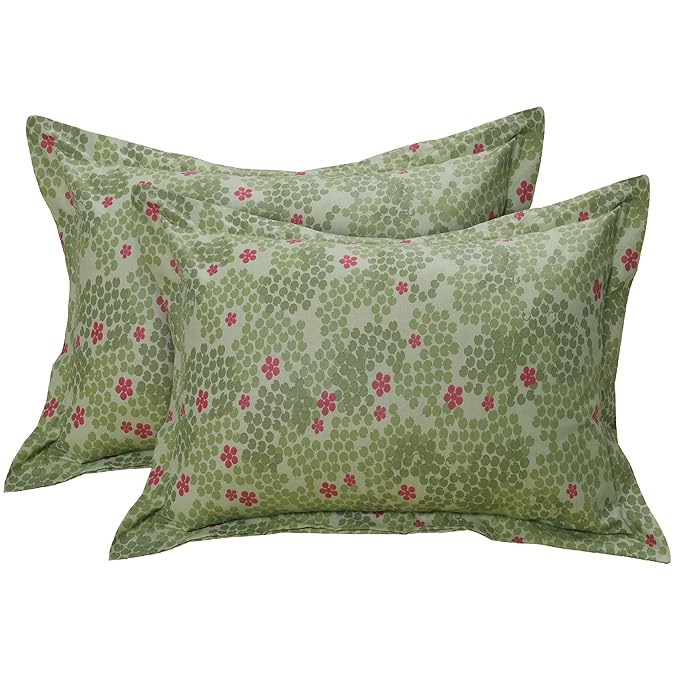 Huesland by Ahmedabad Cotton 144 TC King Size Bedsheet Cotton with 2 Pillow Covers | Botanical Bliss | White & Green