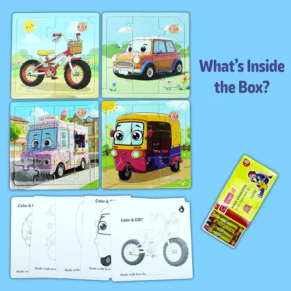 Butterfly EduFields 4-in-1 Vehicles Jigsaw Puzzle Set for Kids Age 3-7 | 38 Pcs Brain-Boosting Puzzle Toy with Coloring Worksheets for Boys & Girls | Preschool Learning