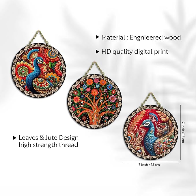 Artvibes Decorative Peacock Art Wooden Wall Hanging Decoration Items for Home | Set of 3