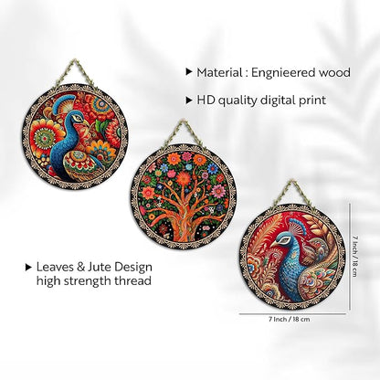 Artvibes Decorative Peacock Art Wooden Wall Hanging Decoration Items for Home | Set of 3