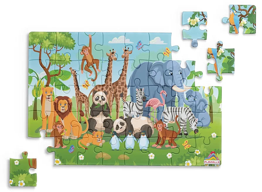 Playhills Wooden Puzzle Wild Animals Together in The Zoo 60 Puzzle Pieces, Ideal Holiday/Birthday Gift for Kids 3,4,5,6,7 Years