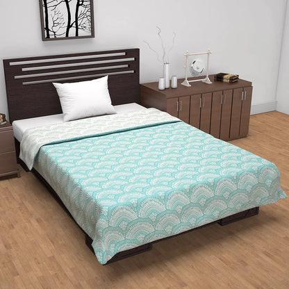 Divine Casa 120 GSM Microfiber Single Dohar Soft & Lightweight Throw Blanket Art Deco Fan Pattern Colour Aqua & White