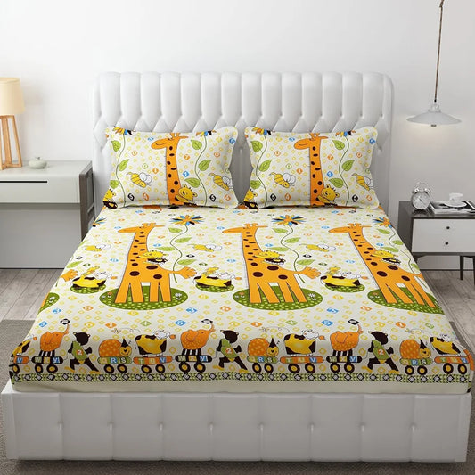 Fresh From Loom Bed Sheet Cartoon Printed Double Bed King Size Kids Bedsheet Yellow 144 TC Cream and Yellow