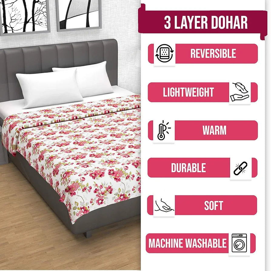 Divine Casa Floret 100% Cotton Single Dohar 120 GSM Soft & Lightweight Throw Blanket Colour Rosy Retreat