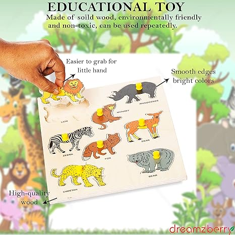 Dreamzberry Wooden Puzzles for Kids Colorful Wild Animal Kids Puzzle with Wooden Knob Learning