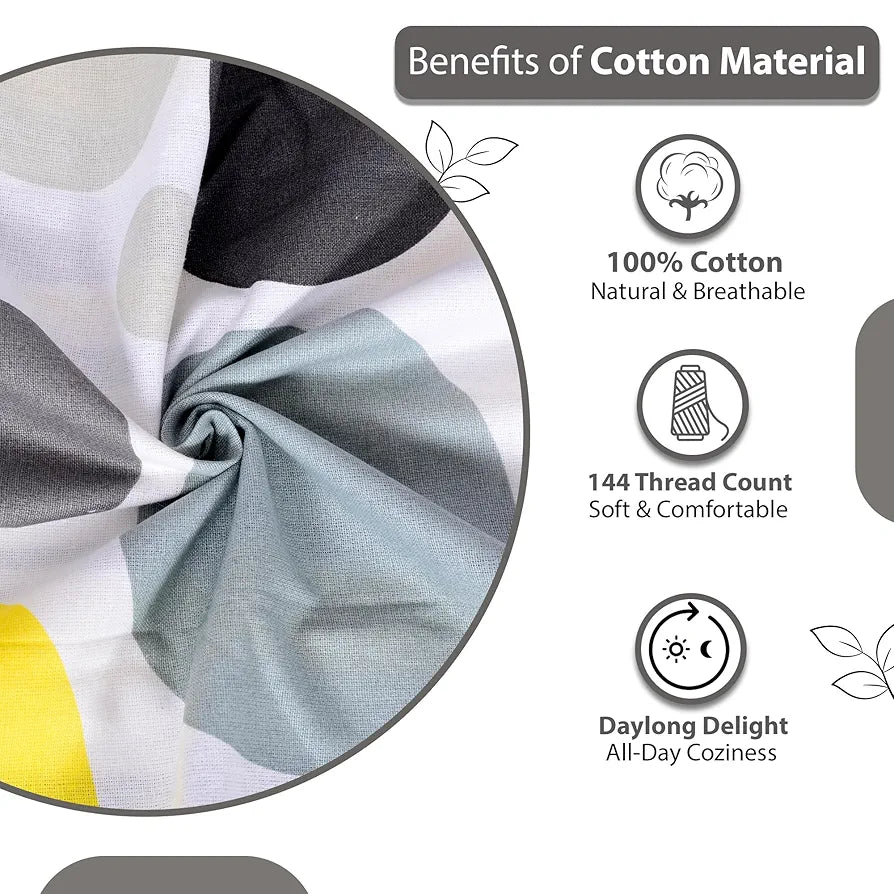 Divine Casa 144 TC 100% Cotton Single Bedsheet with 1 Pillow Cover Geometric Pattern Colour Grey & Yellow