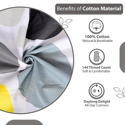 Divine Casa 144 TC 100% Cotton Single Bedsheet with 1 Pillow Cover Geometric Pattern Colour Grey & Yellow