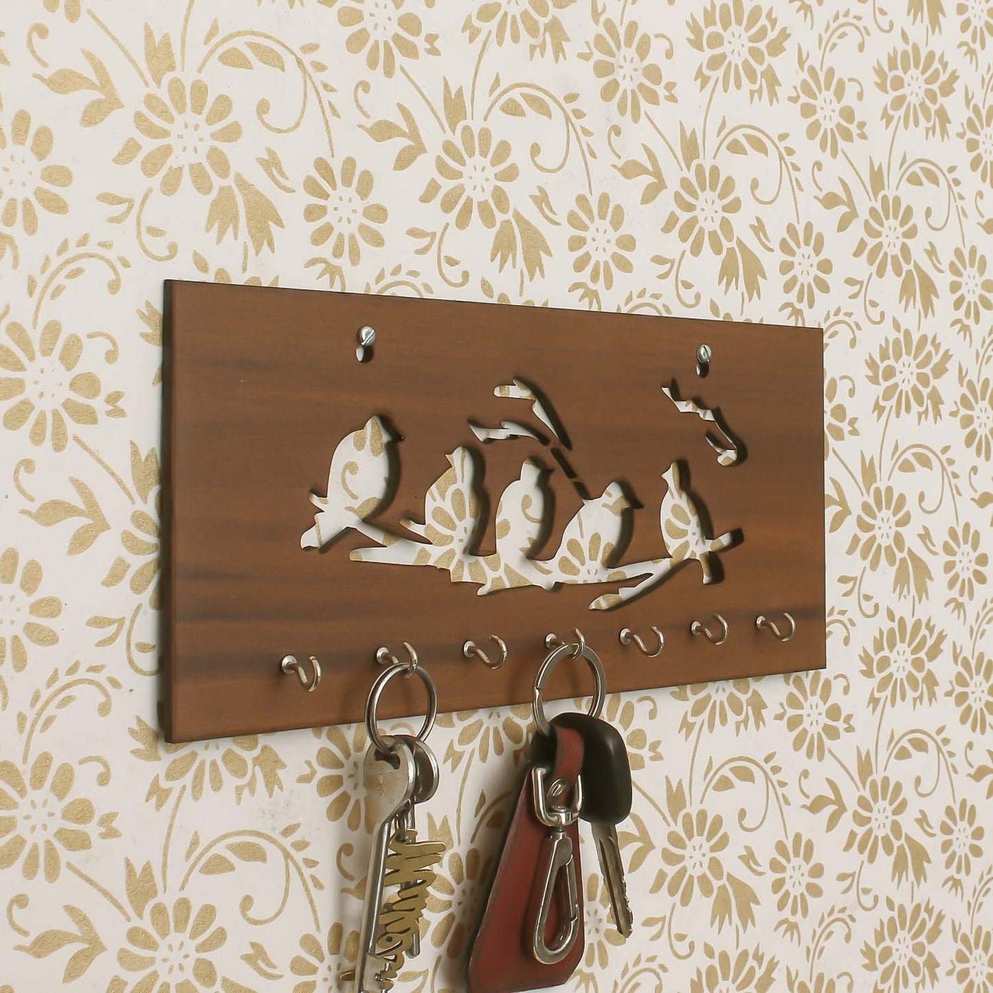 Ecraftindia Brown Birds Sitting on Branches Theme Wooden Key Holder With 7 Hooks