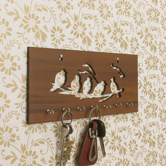Ecraftindia Brown Birds Sitting on Branches Theme Wooden Key Holder With 7 Hooks
