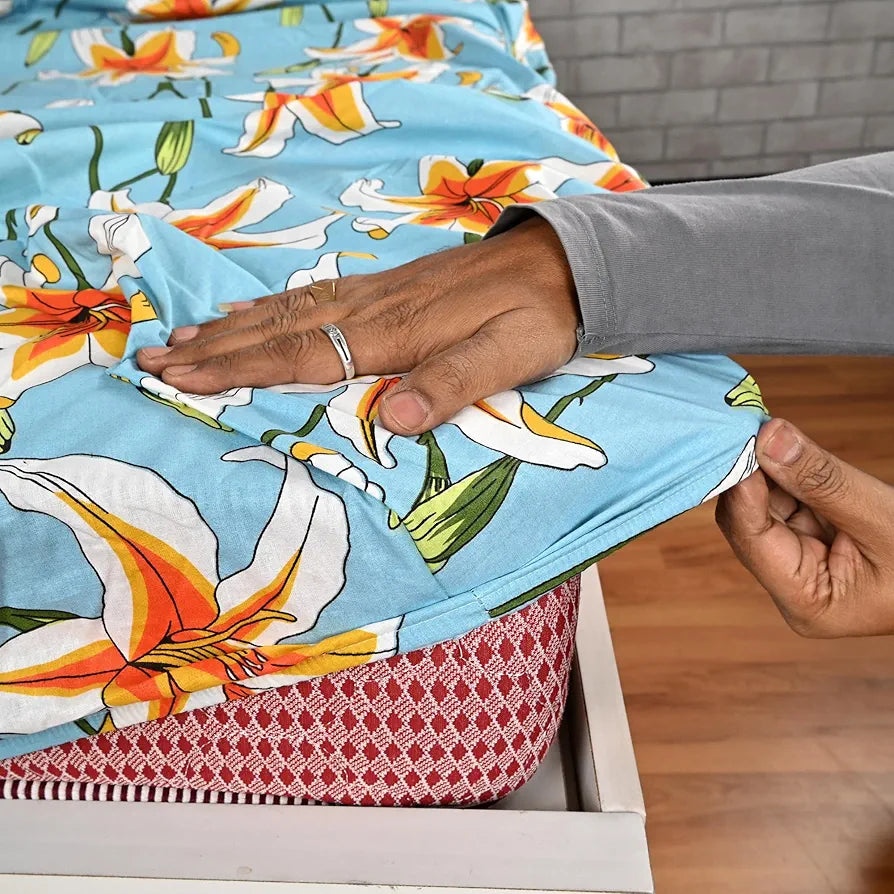 Divine Casa Floret 100% Cotton King Fitted Bedsheet 144 TC Deep Pocket Design Soft & Breathable Fabric Colour Wildflower Charm
