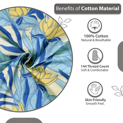 Divine Casa 144 TC 100% Pure Cotton Double Bed Bedsheet with 2 Pillow Covers Tropical Floral Colour Blue Yellow