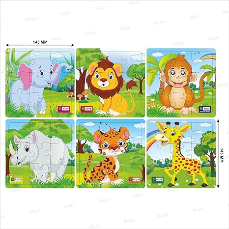 ABYZ Wooden Animal Jigsaw Puzzle Games for Kids & Children Paperless Puzzle 9 Pieces (Set of 6) for Kids Age 3+