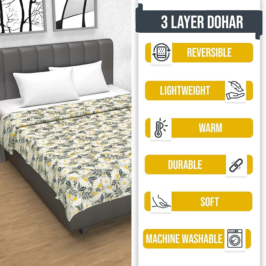 Divine Casa Floret 100% Cotton Single Dohar 120 GSM Soft & Lightweight Throw Blanket Colour Vintage Daisies
