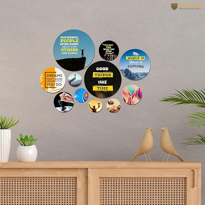 Artvibes Decorative Wooden Wall Hanging Decoration Item for Home | Wall Artworks Items | Quotes Decor Item | Pack of 11 Pieces