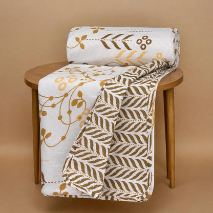 Huesland 100% Cotton Reversible Dohar Single Bed Cotton | Soft Cambric Weave, All Weather Light Ac Blanket | White, Moss Green & Mustard