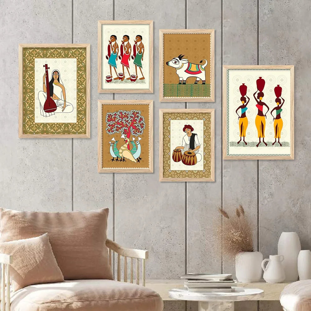 Kotart Gond Art Premium Digital Paintings with Frame Floral Painting Pack of 6 art6