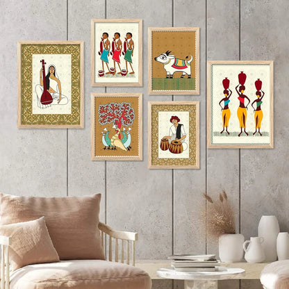 Kotart Gond Art Premium Digital Paintings with Frame Floral Painting Pack of 6 art6